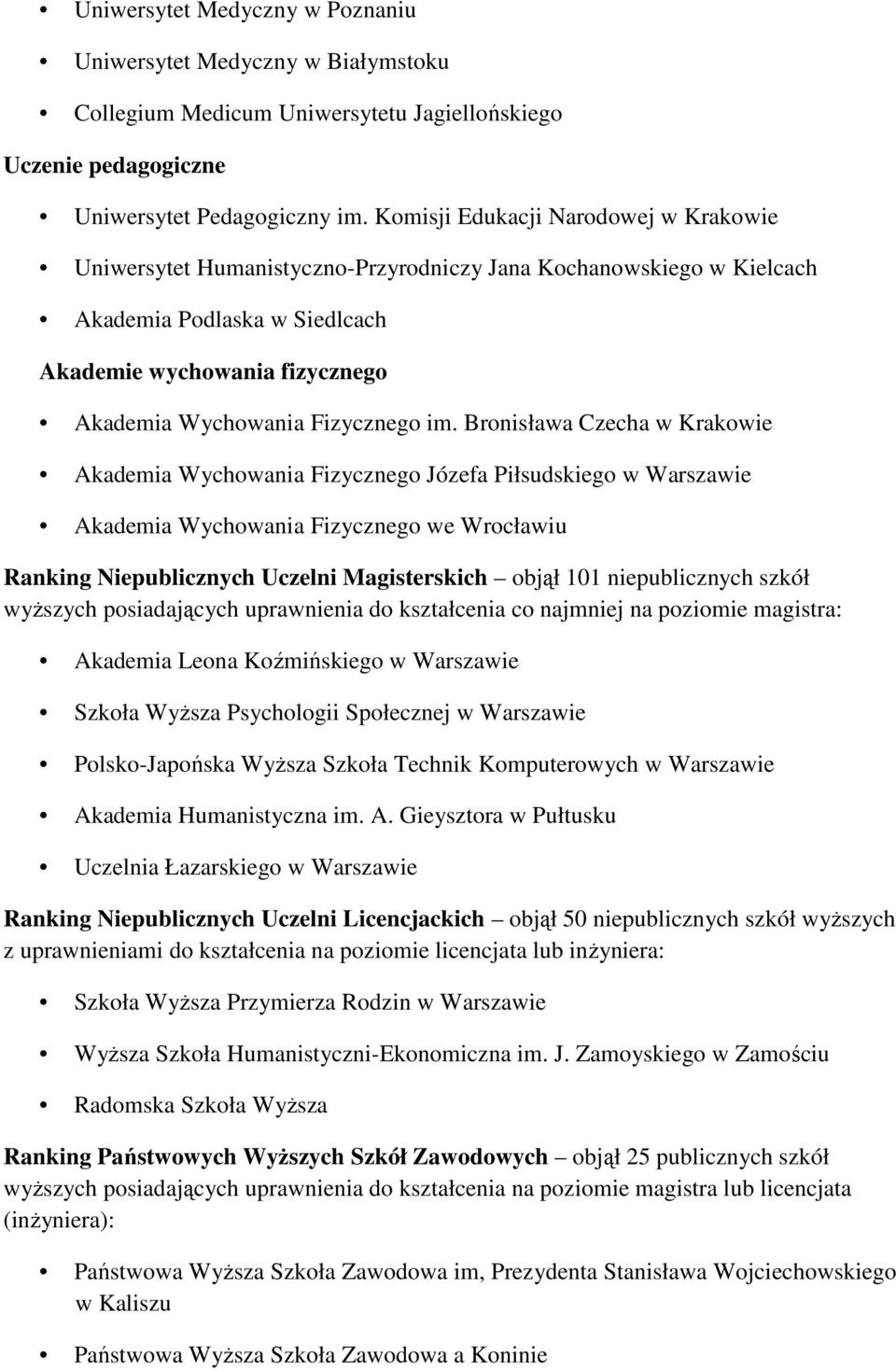 im. Bronisława Czecha w Krakowie Akademia Wychowania Fizycznego Józefa Piłsudskiego w Warszawie Akademia Wychowania Fizycznego we Wrocławiu Ranking Niepublicznych Uczelni Magisterskich objął 101