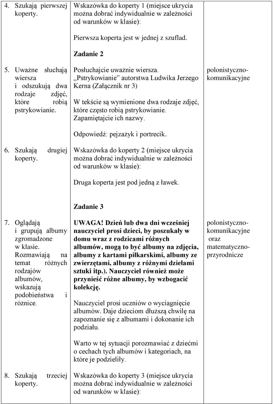 Pstrykowane autorstwa Ludwka Jerzego Kerna (Załącznk nr 3) W tekśce są wymenone dwa rodzaje zdjęć, które często robą pstrykowane. Zapamętajce ch nazwy. Odpowedź: pejzażyk portreck.