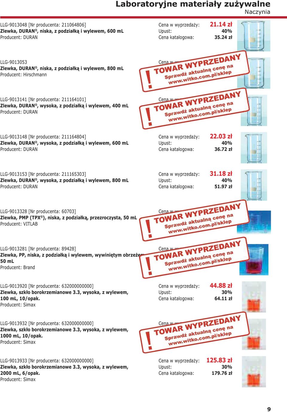 72 zł LLG-9013141 [Nr producenta: 211164101] Zlewka, DURAN, wysoka, z podziałką i wylewem, 400 ml 19.19 zł Upust: 40% 31.