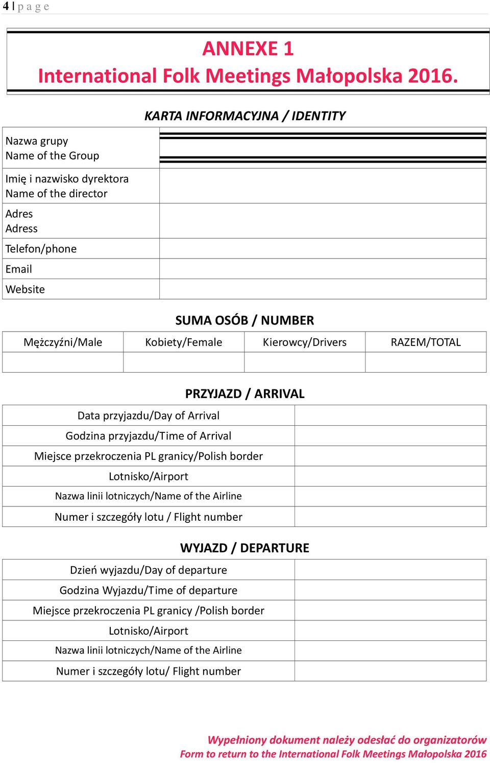 Kobiety/Female Kierowcy/Drivers RAZEM/TOTAL PRZYJAZD / ARRIVAL Data przyjazdu/day of Arrival Godzina przyjazdu/time of Arrival Miejsce przekroczenia PL granicy/polish border