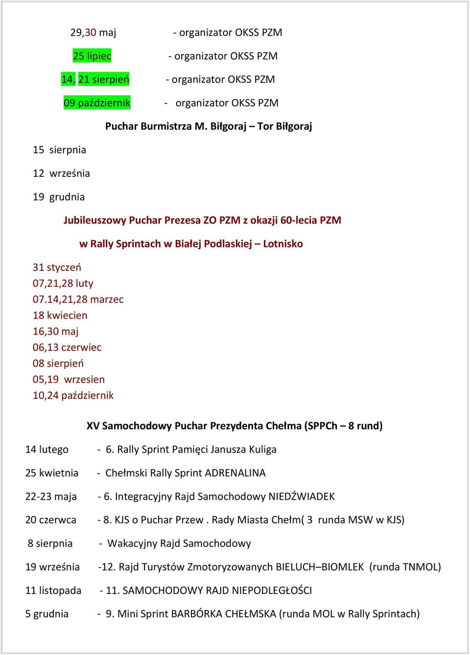 14,21,28 marzec 18 kwiecien 16,30 maj 06,13 czerwiec 08 sierpień 05,19 wrzesien 10,24 październik w Rally Sprintach w Białej Podlaskiej Lotnisko XV Samochodowy Puchar Prezydenta Chełma (SPPCh 8 rund)