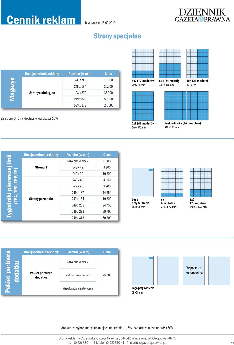 Rozkładówka (96 modułów) 523 x 372 mm Tygodniki pierwszej linii (TPA, TPG, TPP, TP) Rozmiar (w mm) Logo przy winiecie 6 000 249 x 43 9 900 249 x 90 19 800 249 x 43 4 950 249 x 90 9 900 249 x 137 14