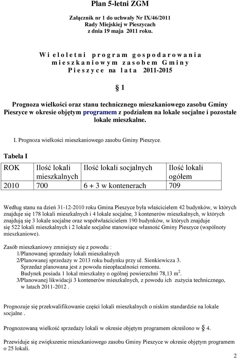 mieszkaniowego zasobu Gminy Pieszyce w okresie objętym programem z podziałem na lokale socjalne i pozostałe lokale mieszkalne. I. Prognoza wielkości mieszkaniowego zasobu Gminy Pieszyce.