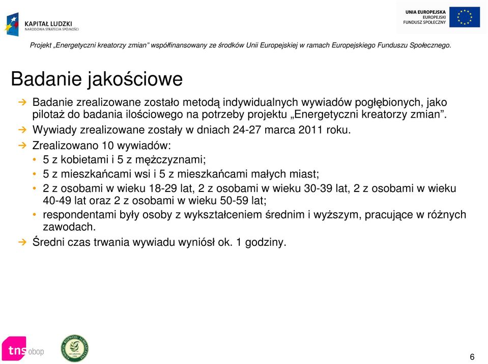 Zrealizowano 10 wywiadów: 5 z kobietami i 5 z mężczyznami; 5 z mieszkańcami wsi i 5 z mieszkańcami małych miast; 2 z osobami w wieku 18-29 lat, 2 z osobami
