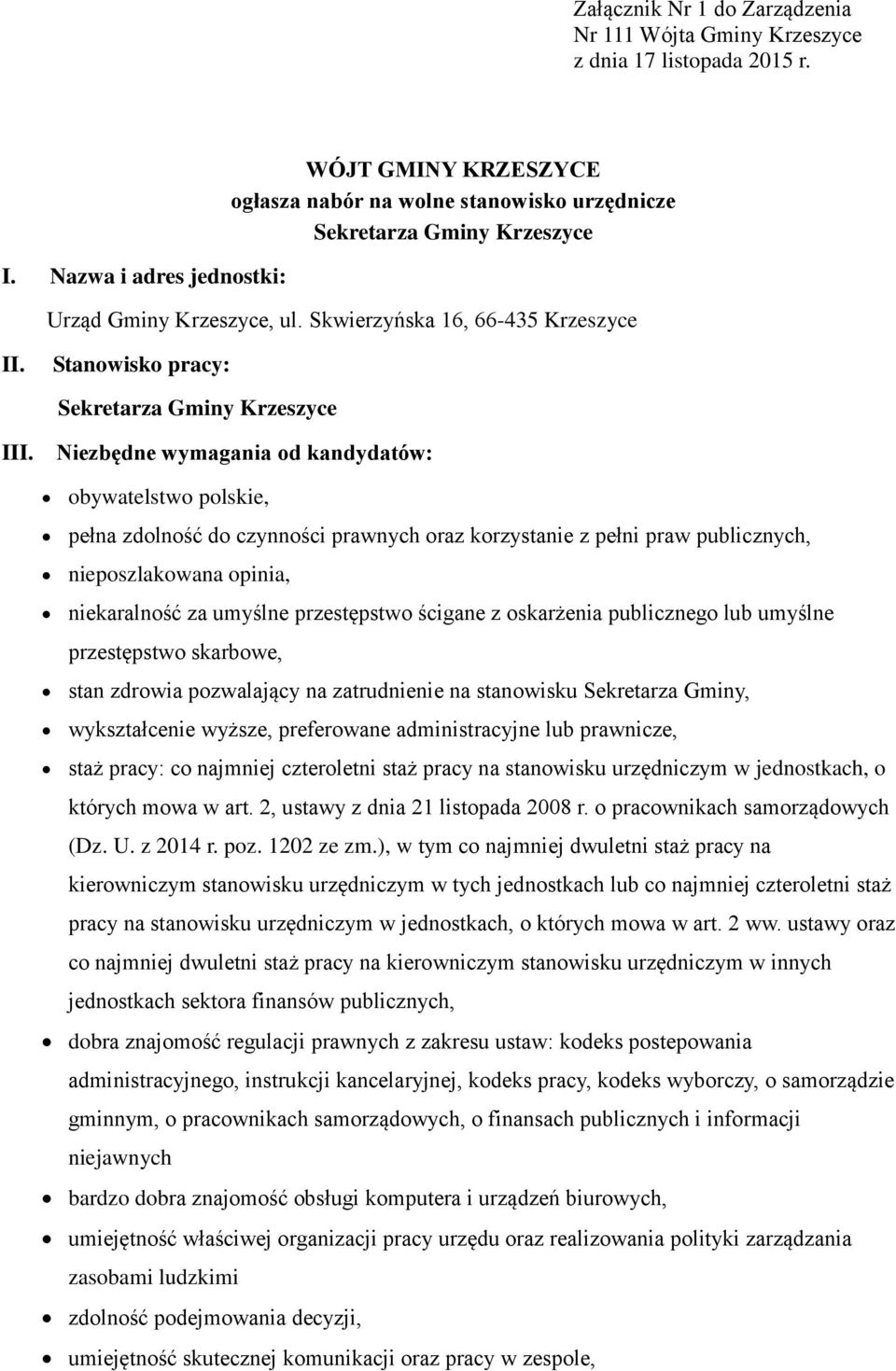 Stanowisko pracy: Sekretarza Gminy Krzeszyce III.