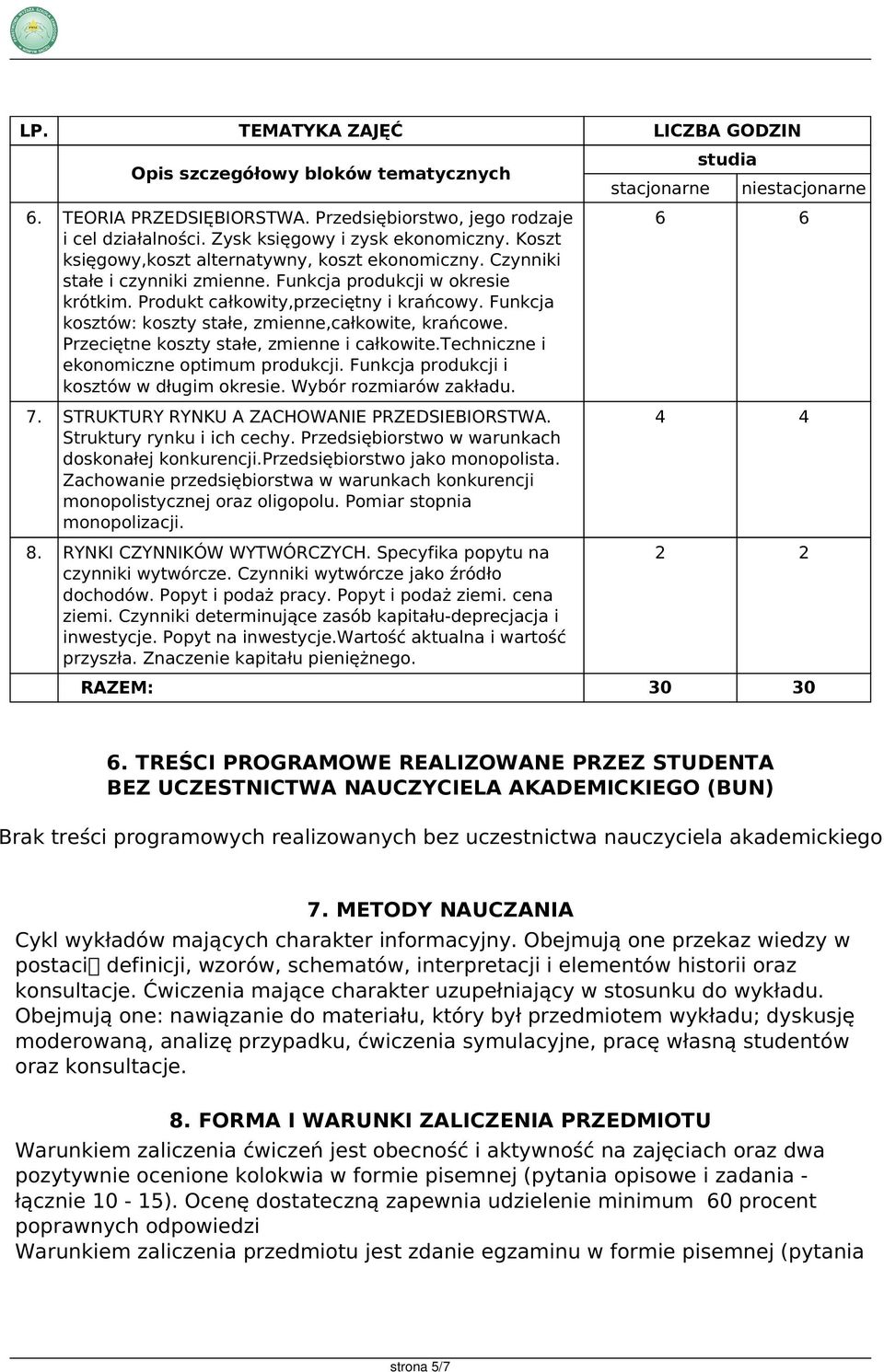 Przeciętne koszty stałe, zmienne i całkowite.techniczne i ekonomiczne optimum produkcji. Funkcja produkcji i kosztów w długim okresie. Wybór rozmiarów zakładu. 6 6 7.