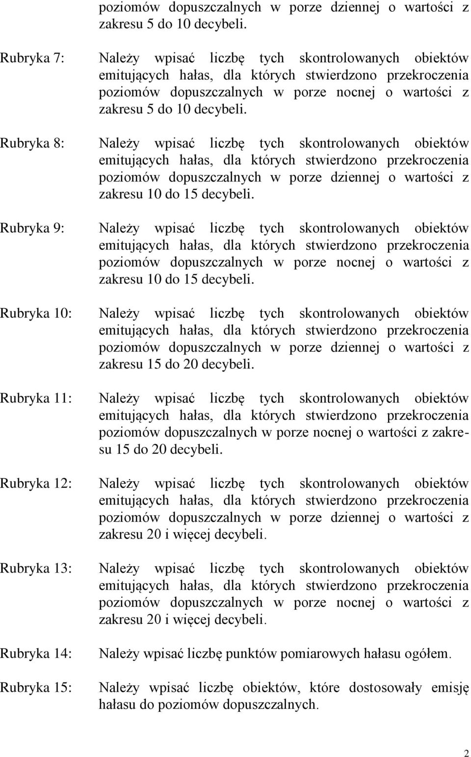 Rubryka 8: Należy wpisać liczbę tych skontrolowanych obiektów poziomów dopuszczalnych w porze dziennej o wartości z zakresu 10 do 15 decybeli.