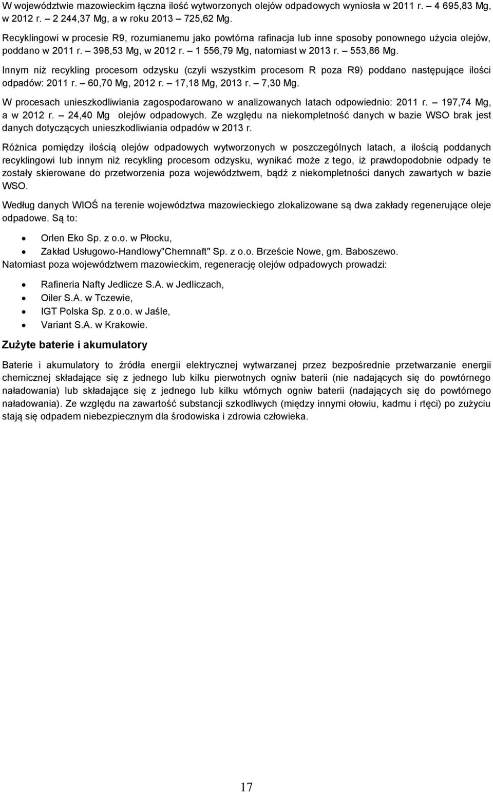 Innym niż recykling procesom odzysku (czyli wszystkim procesom R poza R9) poddano następujące ilości odpadów: 2011 r. 60,70 Mg, 2012 r. 17,18 Mg, 2013 r. 7,30 Mg.