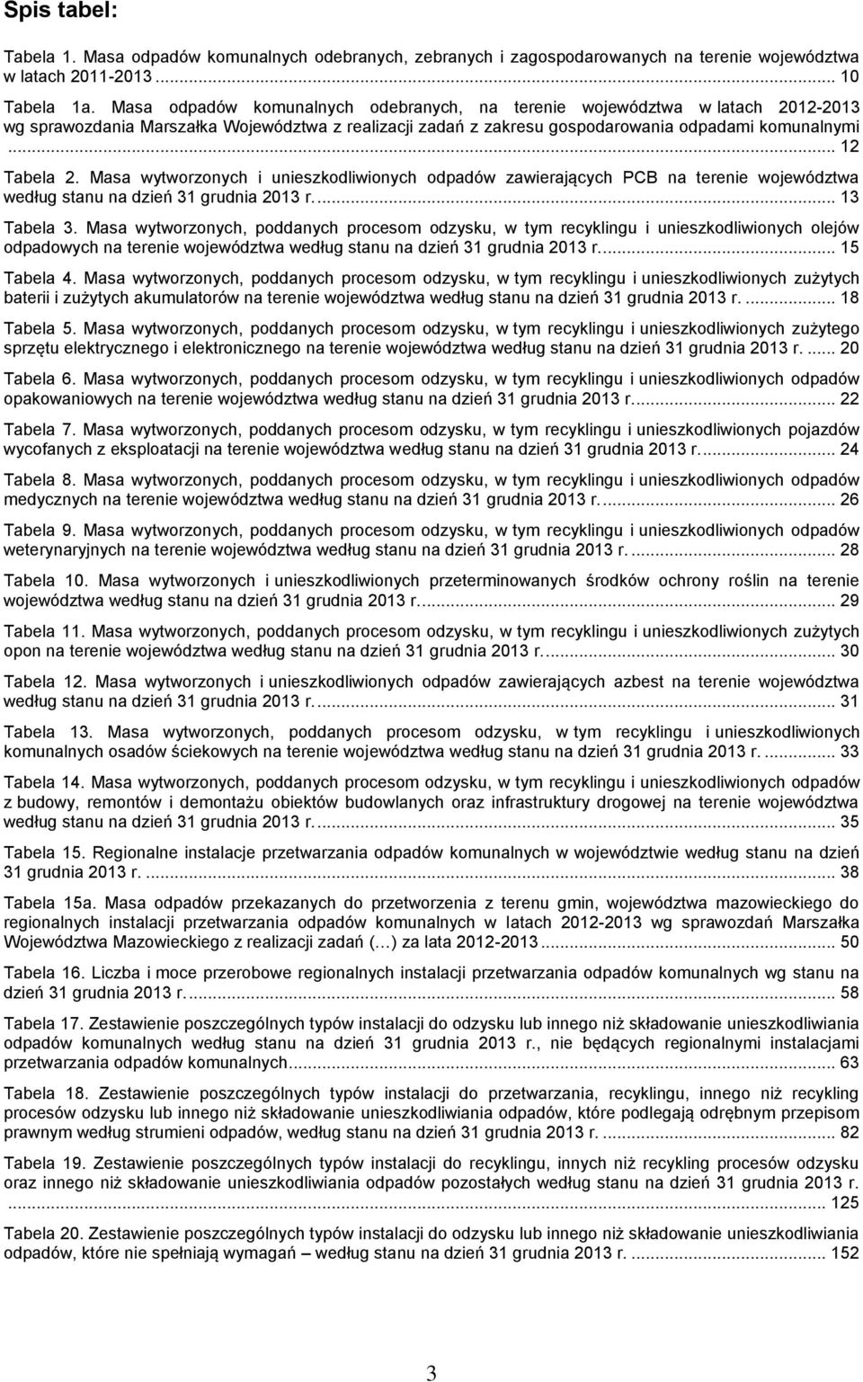 Masa wytworzonych i unieszkodliwionych odpadów zawierających PCB na terenie województwa według stanu na dzień 31 grudnia 2013 r.... 13 Tabela 3.