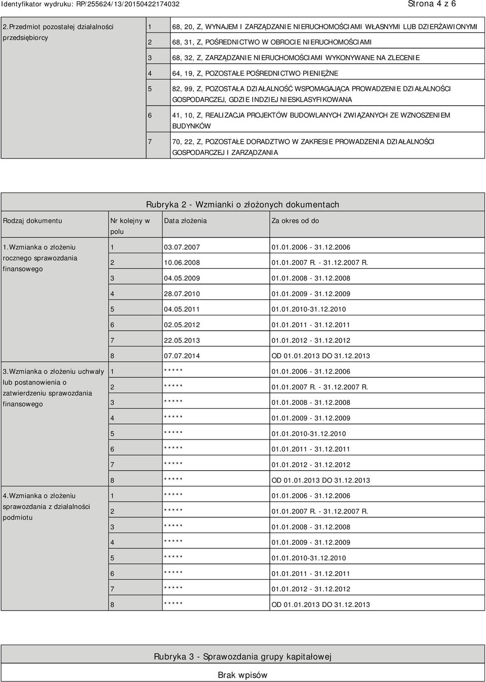 RUCHOMOŚCIAMI WYKONYWANE NA ZLECE 4 64, 19, Z, POZOSTAŁE POŚREDNICTWO PIENIĘŻNE 5 82, 99, Z, POZOSTAŁA DZIAŁALNOŚĆ WSPOMAGAJĄCA PROWADZE DZIAŁALNOŚCI GOSPODARCZEJ, GDZIE INDZIEJ SKLASYFIKOWANA 6 41,