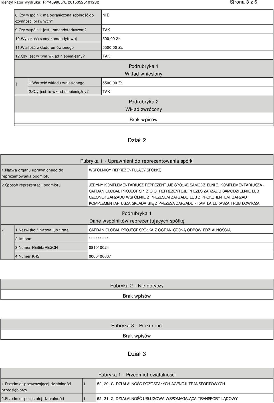 Podrubryka 2 Wkład zwrócony Dział 2 Rubryka 1 - Uprawnieni do reprezentowania spółki 1.Nazwa organu uprawnionego do reprezentowania podmiotu WSPÓLNICY REPREZENTUJĄCY SPÓŁKĘ 2.