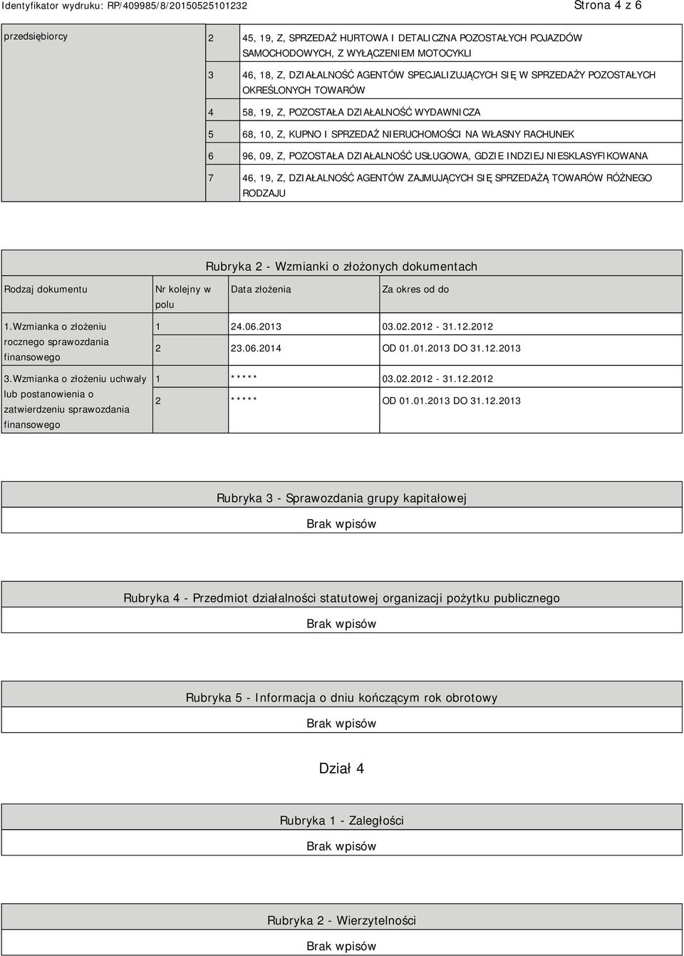 SKLASYFIKOWANA 7 46, 19, Z, DZIAŁALNOŚĆ AGENTÓW ZAJMUJĄCYCH SIĘ SPRZEDAŻĄ TOWARÓW RÓŻNEGO RODZAJU Rubryka 2 - Wzmianki o złożonych dokumentach Rodzaj dokumentu Nr kolejny w polu Data złożenia Za