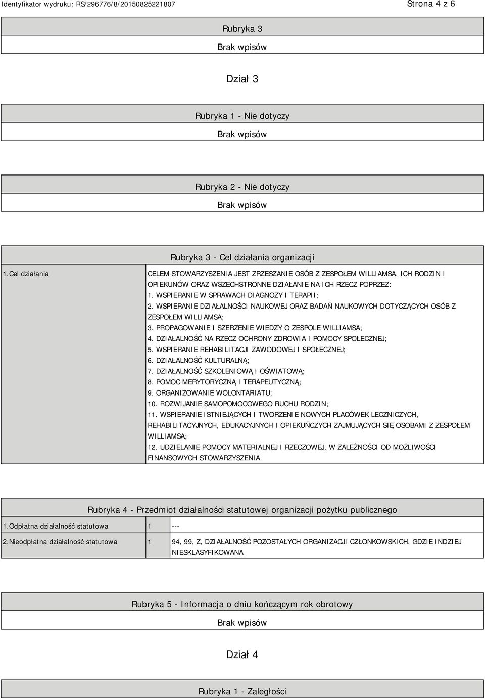 WSPIERANIE DZIAŁALNOŚCI NAUKOWEJ ORAZ BADAŃ NAUKOWYCH DOTYCZĄCYCH OSÓB Z ZESPOŁEM WILLIAMSA; 3. PROPAGOWANIE I SZERZENIE WIEDZY O ZESPOLE WILLIAMSA; 4.