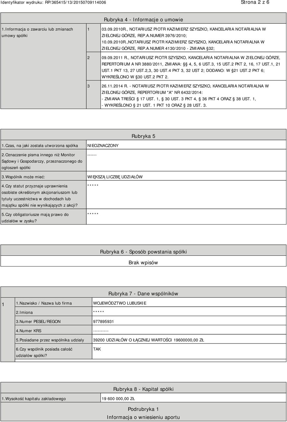 , NOTARIUSZ PIOTR SZYSZKO, KANCELARIA NOTARIALNA W ZIELONEJ GÓRZE, REPERTORIUM A NR 3880/2011, ZMIANA: 4, 5, 6 UST.3, 15 UST.2 PKT 2, 16, 17 UST.1, 21 UST.1 PKT 13, 27 UST.2,3, 30 UST.