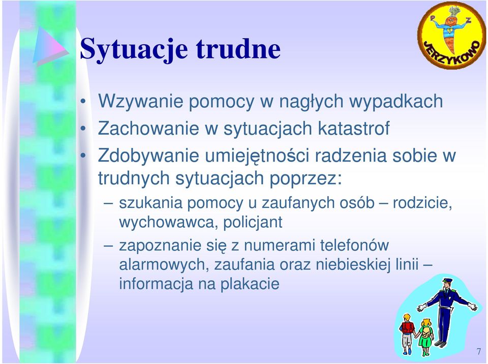 szukania pomocy u zaufanych osób rodzicie, wychowawca, policjant zapoznanie się z