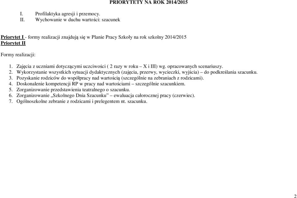 Zajęcia z uczniami dotyczącymi uczciwości ( 2 razy w roku X i III) wg. opracowanych scenariuszy. 2. Wykorzystanie wszystkich sytuacji dydaktycznych (zajęcia, przerwy, wycieczki, wyjścia) do podkreślania szacunku.