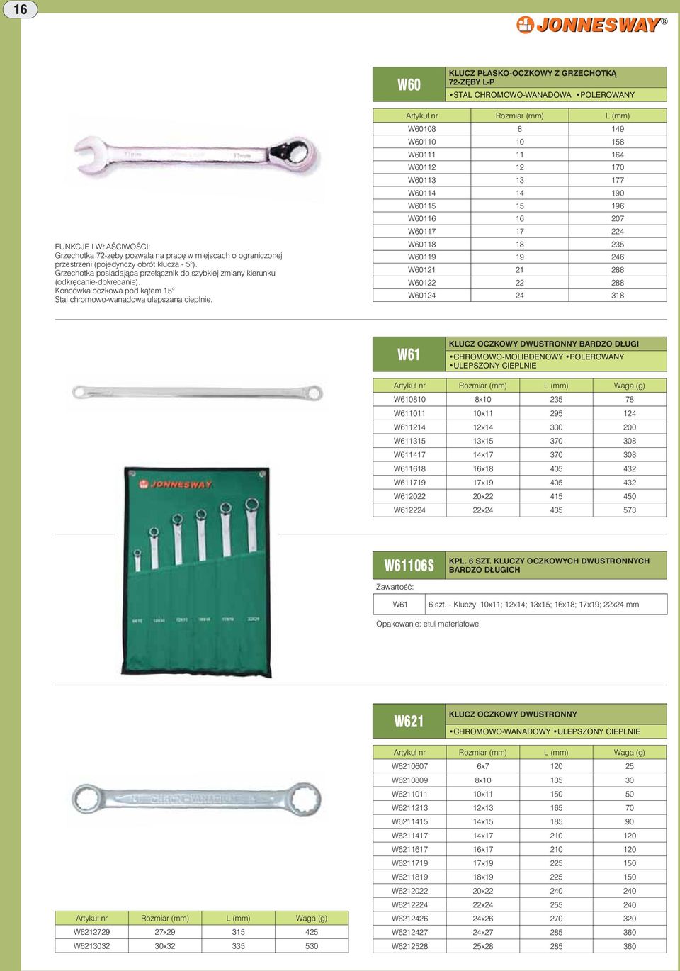 Artykuł nr Rozmiar (mm) L (mm) W60108 8 149 W60110 10 158 W60111 11 164 W60112 12 170 W60113 13 177 W60114 14 190 W60115 15 196 W60116 16 207 W60117 17 224 W60118 18 235 W60119 19 246 W60121 21 288