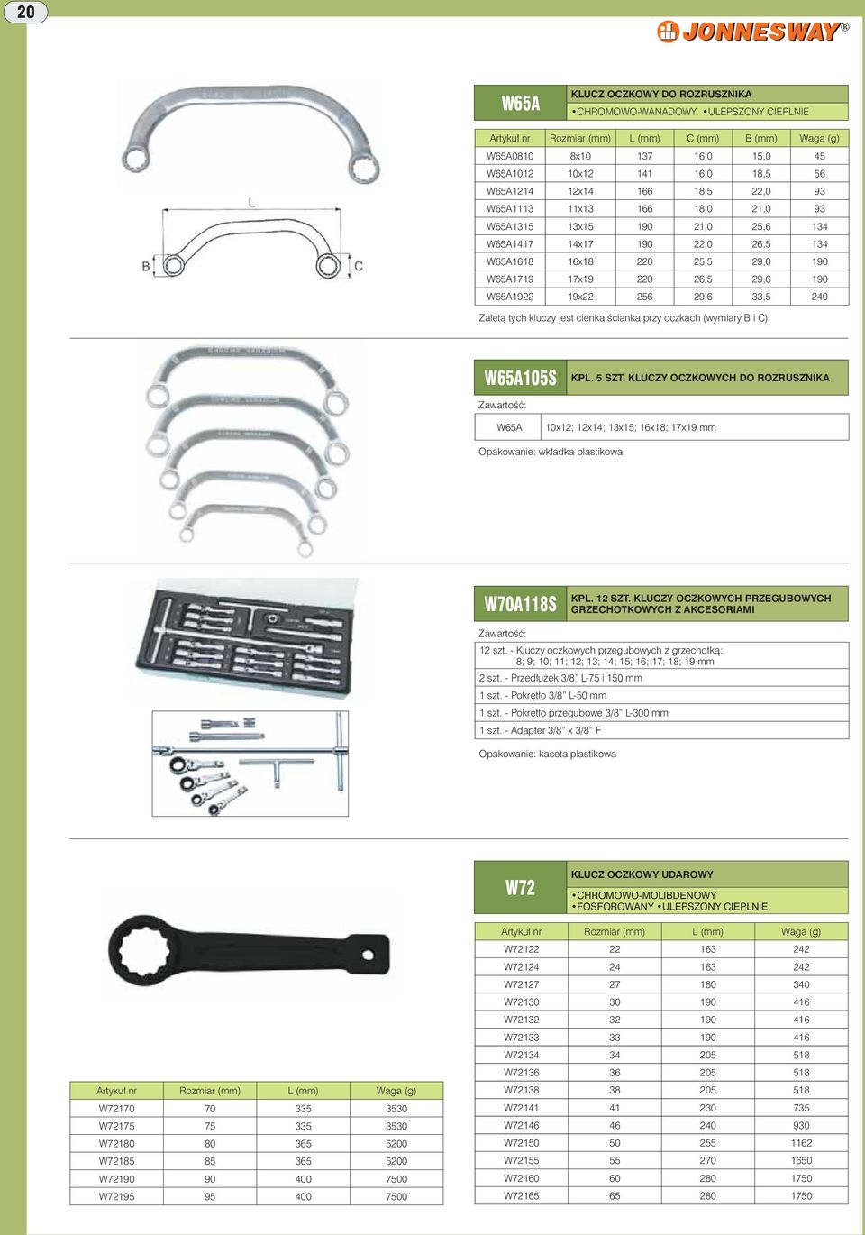 19x22 256 29,6 33,5 240 Zaletą tych kluczy jest cienka ścianka przy oczkach (wymiary B i C) W65A105S KPL. 5 SZT.