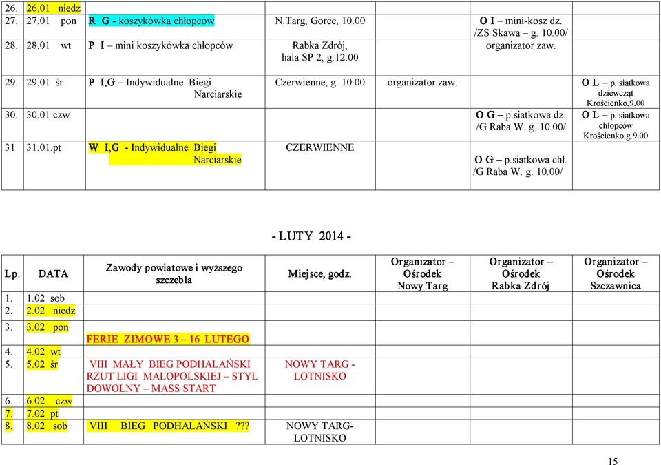 siatkowa chł. /G Raba W. g. 10.00/ O L p. siatkowa chłopców Krościenko,g.9.00 LUTY 2014 Lp. DATA 1. 1.02 sob 2. 2.02 niedz Zawody powiatowe i wyższego szczebla Miejsce, godz. 3.