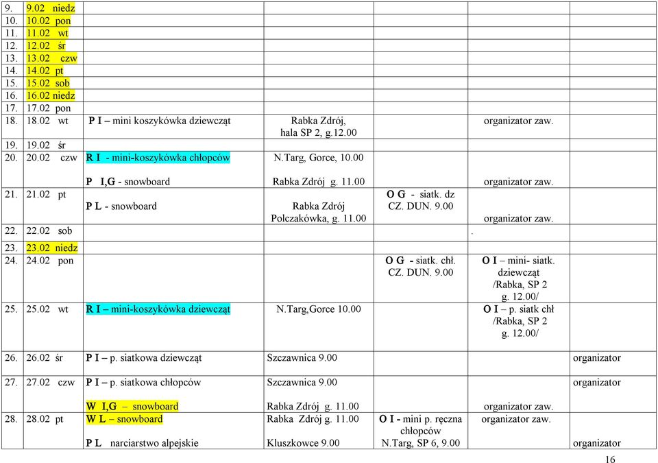 22.02 sob. 23. 23.02 niedz 24. 24.02 pon O G siatk. chł. CZ. DUN. 9.00 O I mini siatk. dziewcząt /Rabka, SP 2 g. 12.00/ 25. 25.02 wt R I mini koszykówka dziewcząt N.Targ,Gorce 10.00 O I p.