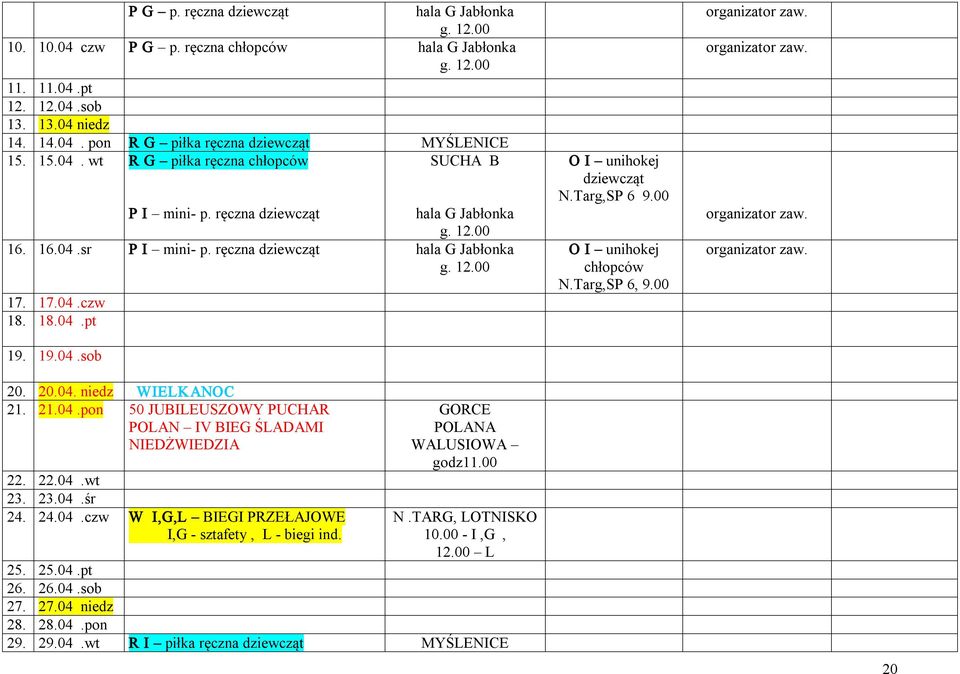 Targ,SP 6 9.00 O I unihokej chłopców N.Targ,SP 6, 9.00 20. 20.04. niedz WIELKANOC 21. 21.04.pon 50 JUBILEUSZOWY PUCHAR POLAN IV BIEG ŚLADAMI NIEDŻWIEDZIA 22. 22.04.wt 23. 23.04.śr 24. 24.04.czw W I,G,L BIEGI PRZEŁAJOWE I,G sztafety, L biegi ind.