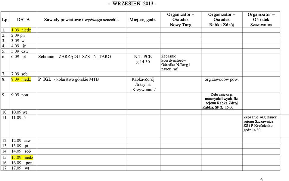 8.09 niedz P IGL kolarstwo górskie MTB Rabka Zdrój /trasy na Krzywoniu / Nowy Targ Zebranie koordynatorów Ośrodka N.Targ i naucz. wf Rabka Zdrój org.zawodów pow.