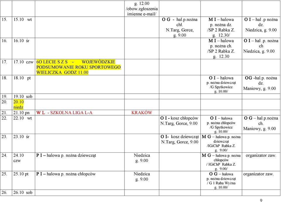 21.10 pn W L SZKOLNA LIGA L A KRAKÓW 22. 22.10 wt O I kosz chłopców N.Targ, Gorce, 9.00 23. 23.10 śr O I kosz dziewcząt N.Targ, Gorce, 9.00 24. 24.10 czw P I halowa p. nożna dziewcząt Niedzica 25.