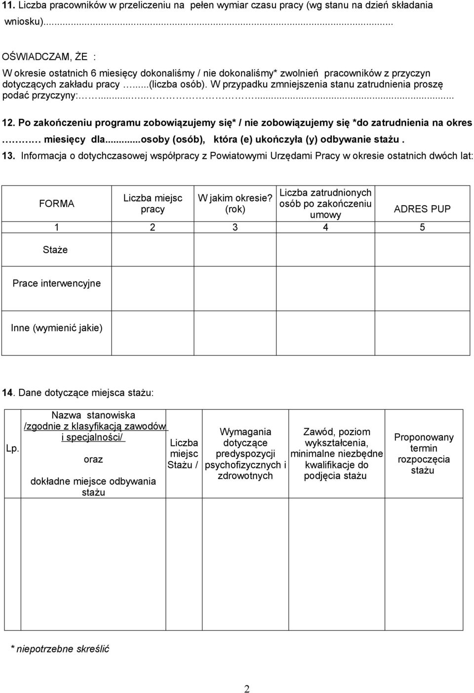 W przypadku zmniejszenia stanu zatrudnienia proszę podać przyczyny:........ 12. Po zakończeniu programu zobowiązujemy się* / nie zobowiązujemy się *do zatrudnienia na okres miesięcy dla.