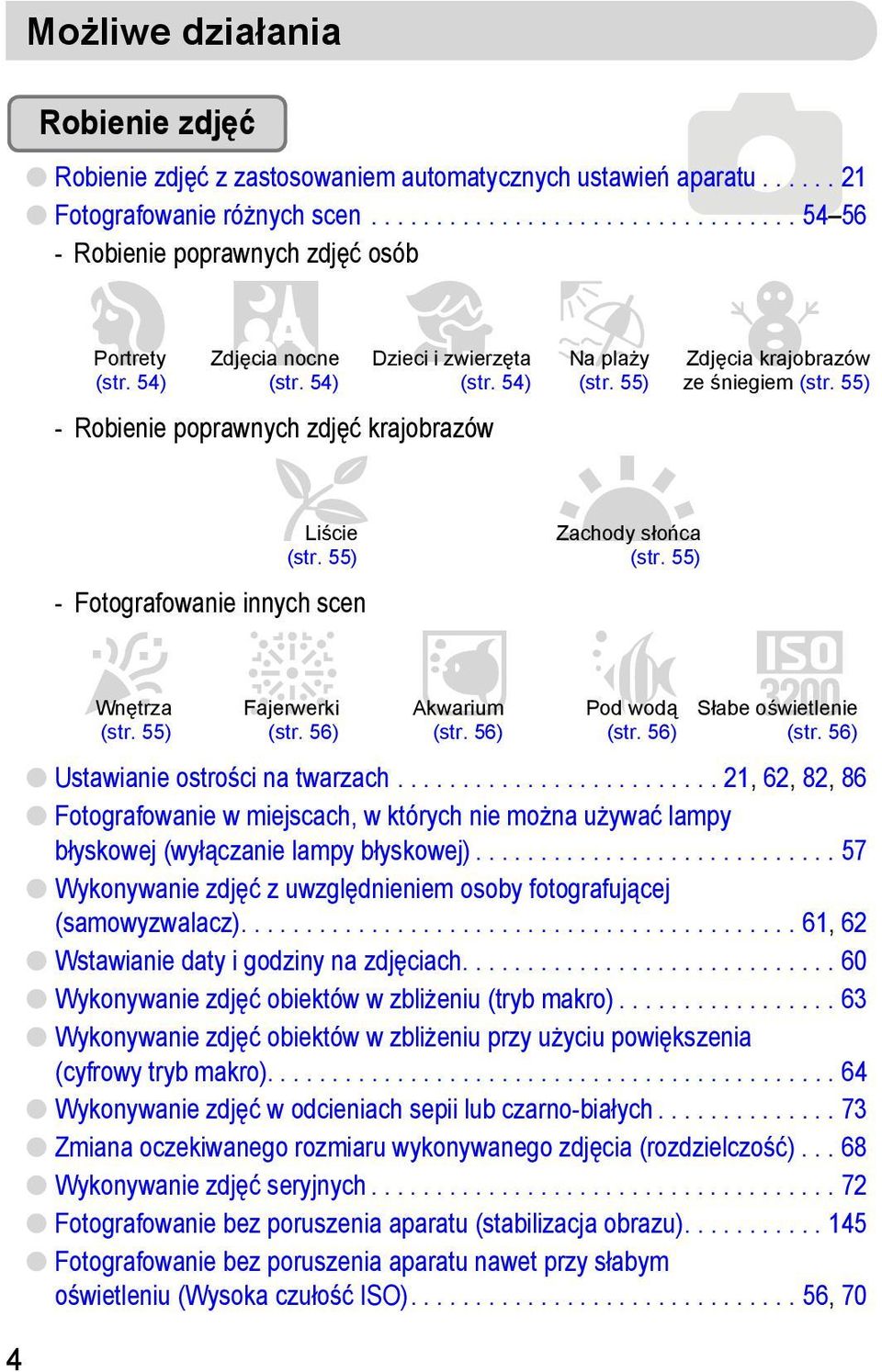55) - Robienie poprawnych zdjęć krajobrazów OLiście (str. 55) - Fotografowanie innych scen HWnętrza (str. 55) t Fajerwerki (str. 56) y Akwarium (str. 56) U Zachody słońca (str. 55) SPod wodą (str.