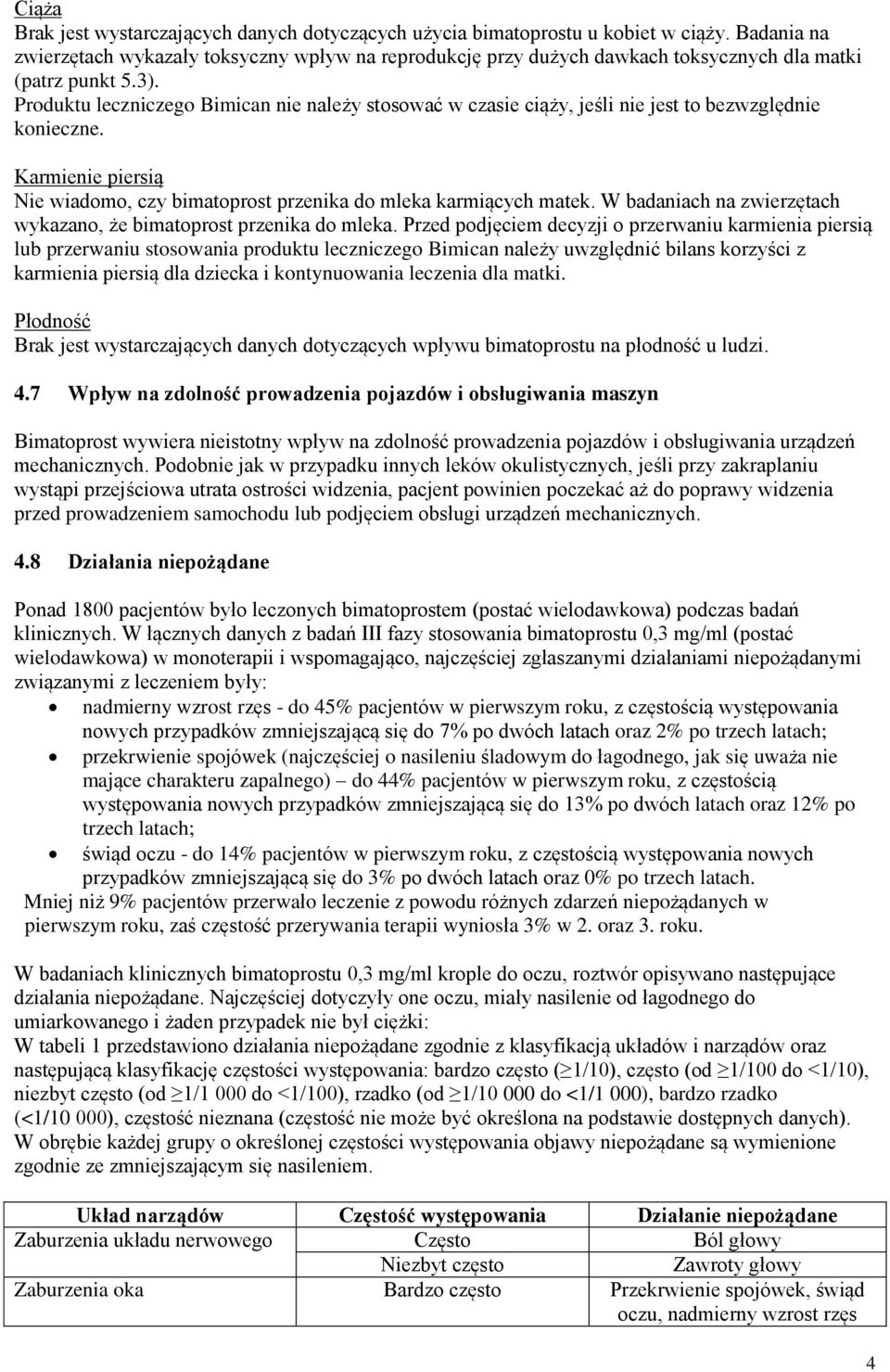 Produktu leczniczego Bimican nie należy stosować w czasie ciąży, jeśli nie jest to bezwzględnie konieczne. Karmienie piersią Nie wiadomo, czy bimatoprost przenika do mleka karmiących matek.