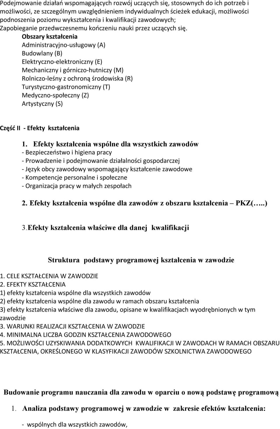 Obszary kształcenia Administracyjno-usługowy (A) Budowlany (B) Elektryczno-elektroniczny (E) Mechaniczny i górniczo-hutniczy (M) Rolniczo-leśny z ochroną środowiska (R) Turystyczno-gastronomiczny (T)