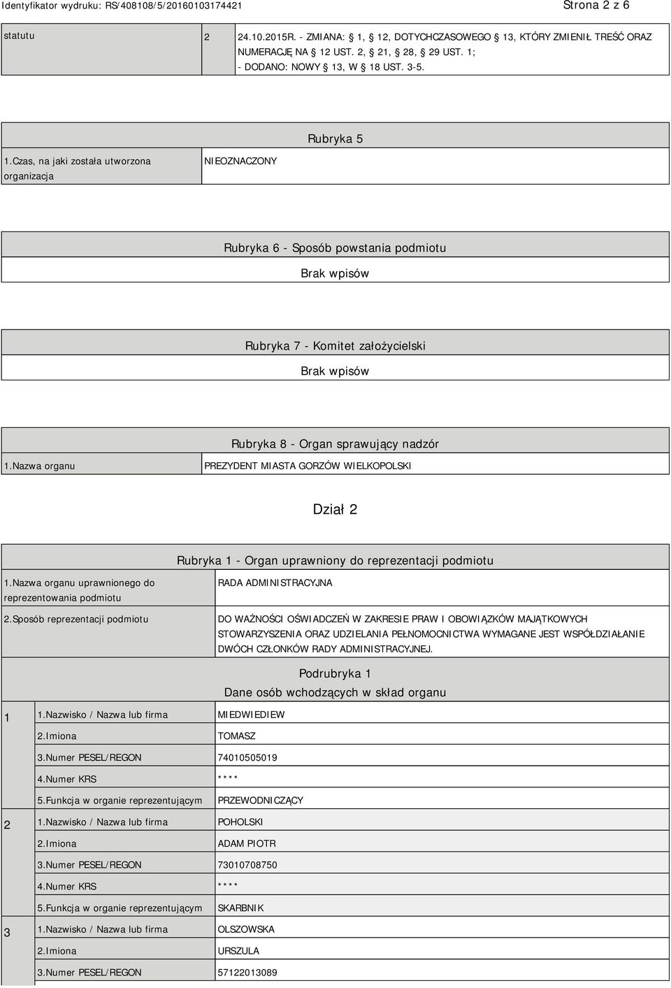 Nazwa organu PREZYDENT MIASTA GORZÓW WIELKOPOLSKI Dział 2 Rubryka 1 - Organ uprawniony do reprezentacji podmiotu 1.Nazwa organu uprawnionego do reprezentowania podmiotu 2.