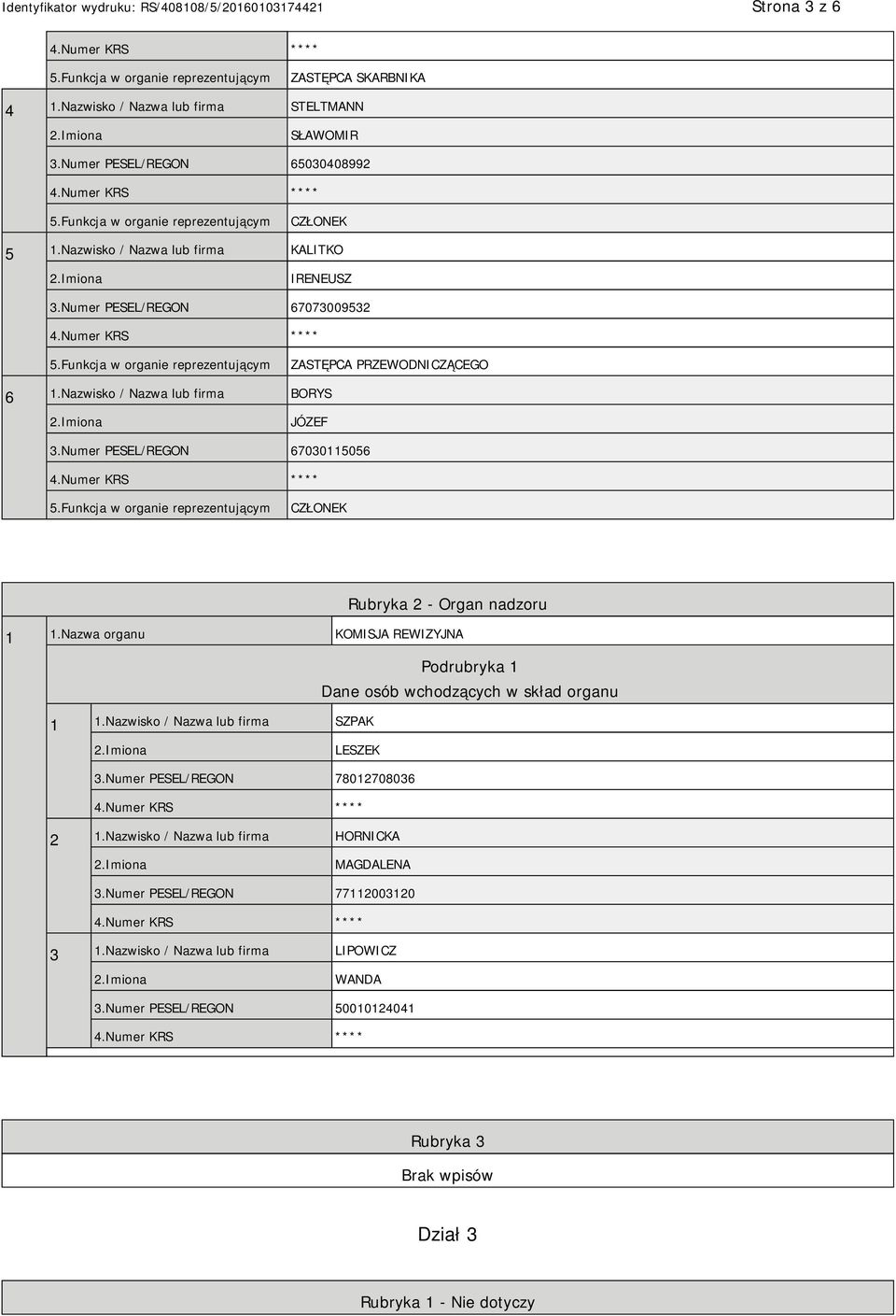 Nazwa organu KOMISJA REWIZYJNA Podrubryka 1 Dane osób wchodzących w skład organu 1 1.Nazwisko / Nazwa lub firma SZPAK LESZEK 3.Numer PESEL/REGON 78012708036 2 1.