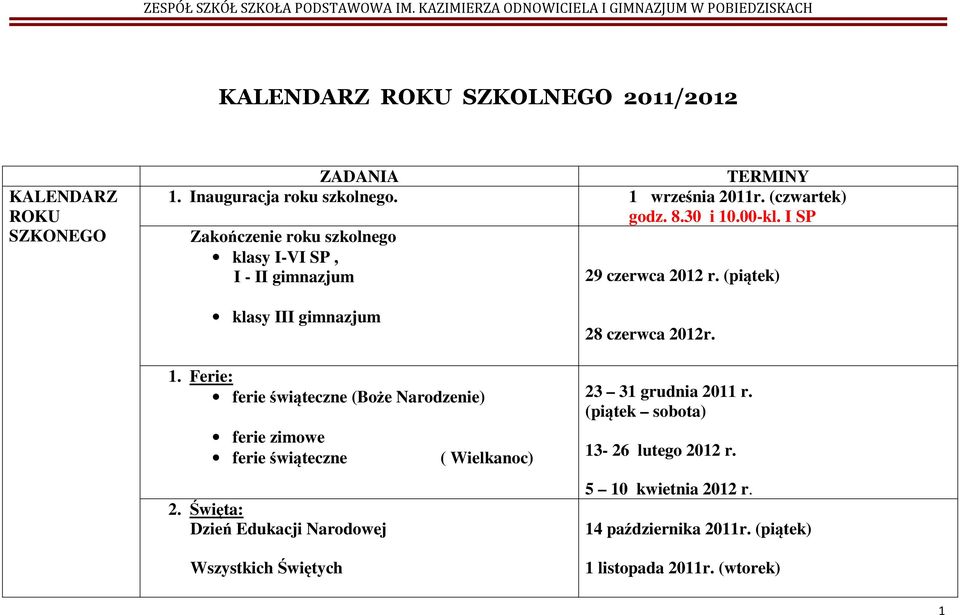 Ferie: ferie świąteczne (Boże Narodzenie) ferie zimowe ferie świąteczne ( Wielkanoc) 2.