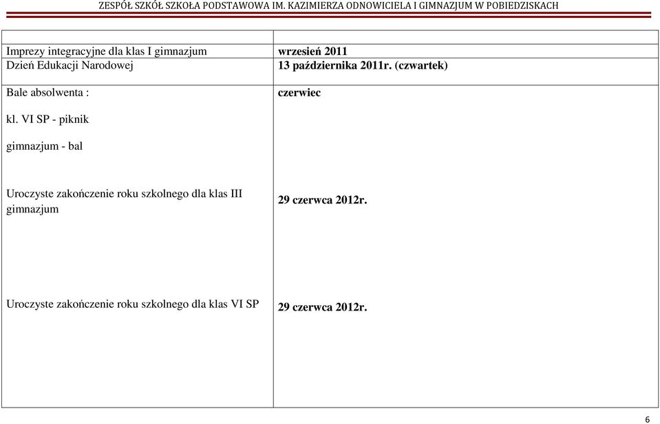 VI SP - piknik gimnazjum - bal Uroczyste zakończenie roku szkolnego dla klas III