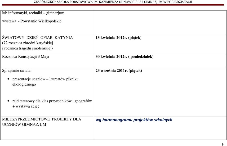 ( poniedziałek) Sprzątanie świata: 23 września 2011r.