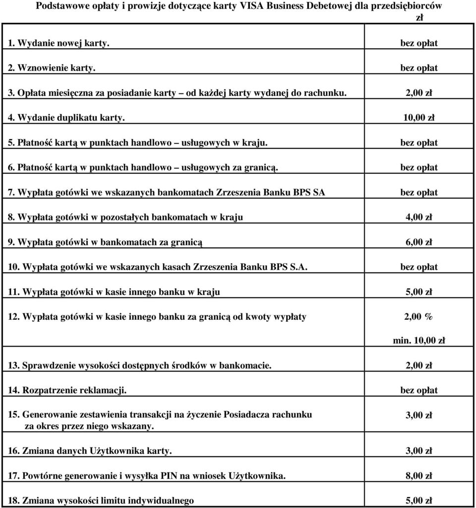 Płatność kartą w punktach handlowo usługowych za granicą. 7. Wypłata gotówki we wskazanych bankomatach Zrzeszenia Banku BPS SA 8. Wypłata gotówki w pozostałych bankomatach w kraju 4,00 9.