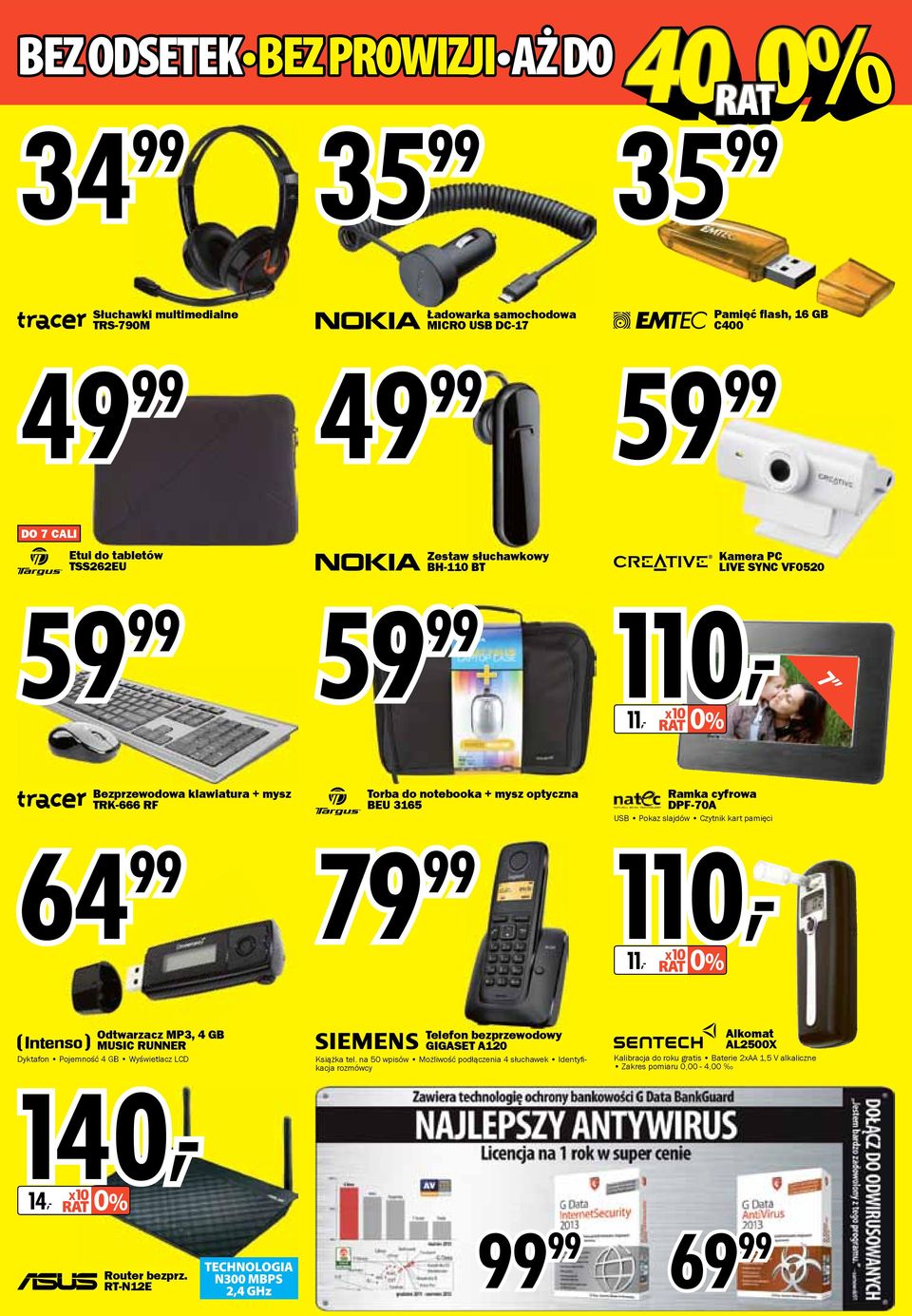 Czytnik kart pamięci 110, 11, x10 0% Odtwarzacz MP3, 4 GB MUSIC RUNNER 140, 14, x10 0% Dyktafon Pojemność 4 GB Wyświetlacz LCD Telefon bezprzewodowy GIGASET A120 Książka tel.