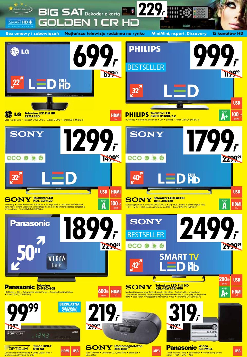 mobilnego na ekranie telewizora poprzez połączenie przewodowe Tuner DVB-T/C (MPEG-4) 50" 2 1899, 100Hz Telewizor LED Full HD KDL-40R470 Dolby Digital Plus Kontrast 1000 000:1 24p True Cinema Dolby