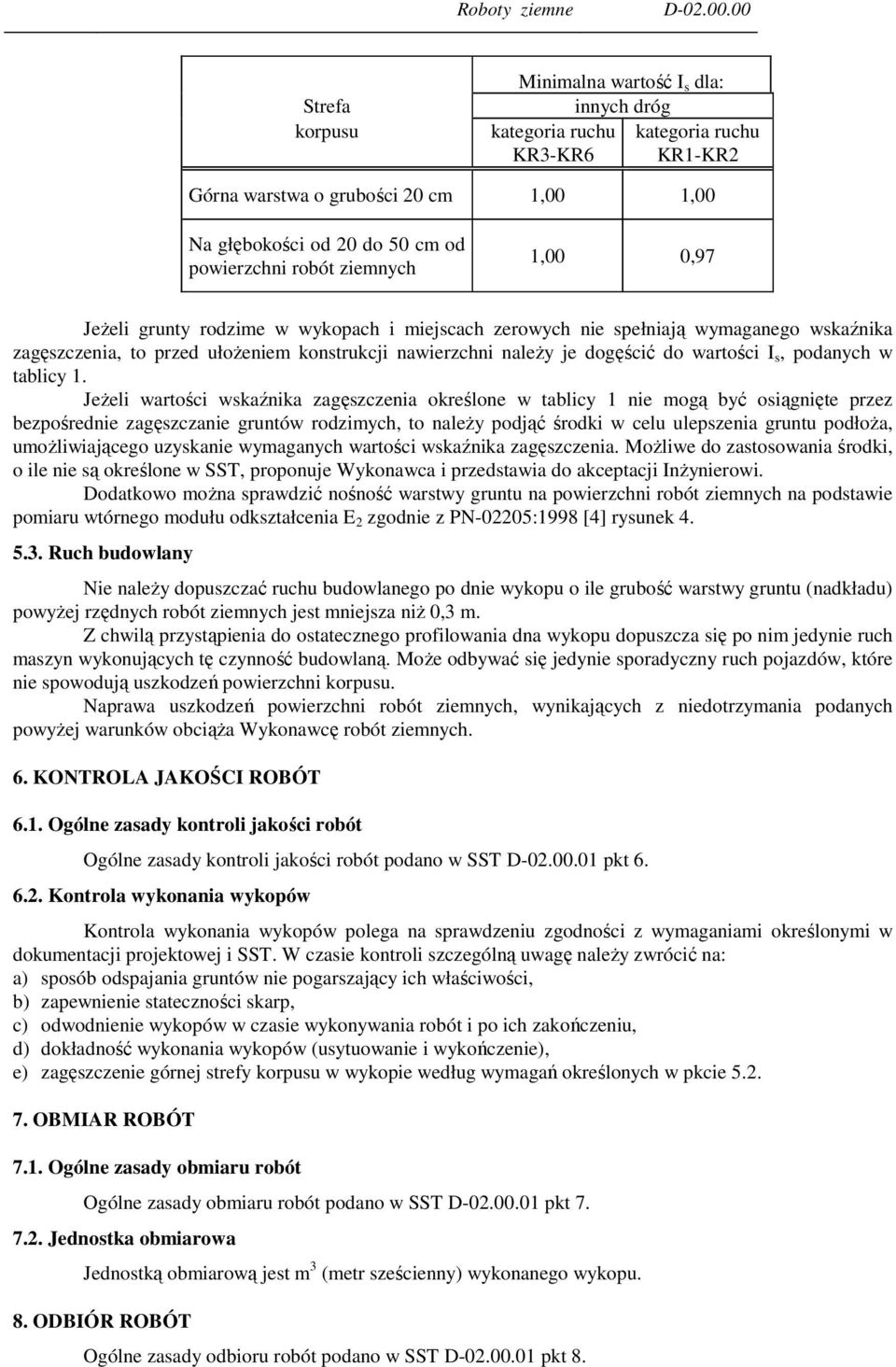 ziemnych 1,00 0,97 Jeżeli grunty rodzime w wykopach i miejscach zerowych nie spełniają wymaganego wskaźnika zagęszczenia, to przed ułożeniem konstrukcji nawierzchni należy je dogęścić do wartości I