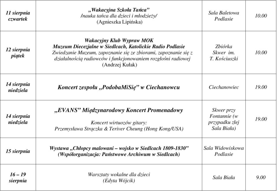 Kościuszki 14 sierpnia Koncert zespołu PodobaMiSię w Ciechanowcu Ciechanowiec 19.