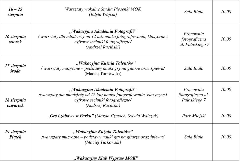 Pułaskiego 7 17 sierpnia środa Wakacyjna Kuźnia Talentów / warsztaty muzyczne podstawy nauki gry na gitarze oraz śpiewu/ (Maciej Turkowski) Sala Biała 18 sierpnia Wakacyjna Akademia Fotografii