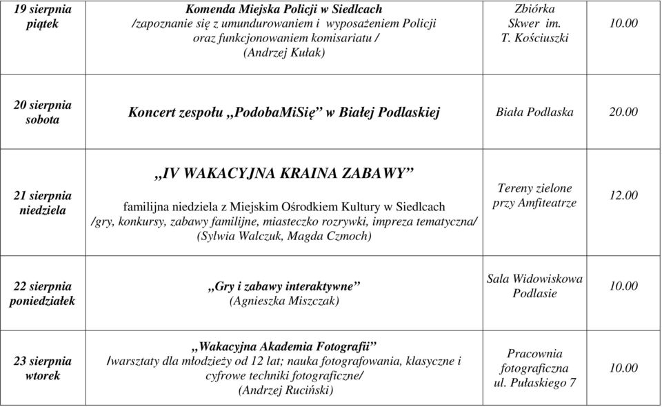 00 21 sierpnia IV WAKACYJNA KRAINA ZABAWY familijna z Miejskim Ośrodkiem Kultury w Siedlcach /gry, konkursy, zabawy familijne, miasteczko rozrywki, impreza tematyczna/ (Sylwia Walczuk, Magda