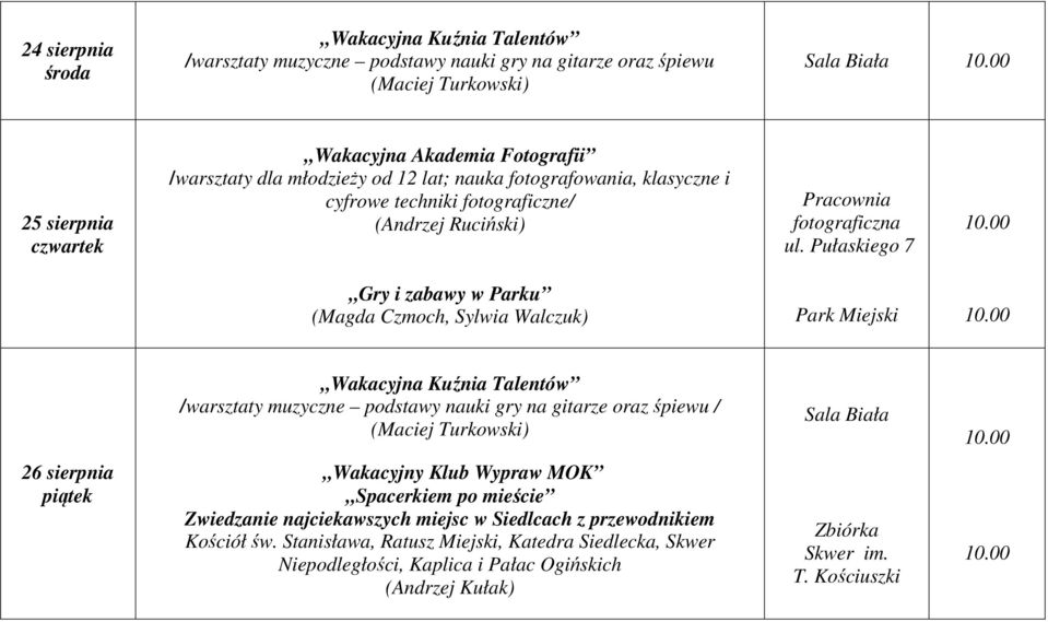 Pułaskiego 7 Gry i zabawy w Parku (Magda Czmoch, Sylwia Walczuk) Park Miejski Wakacyjna Kuźnia Talentów /warsztaty muzyczne podstawy nauki gry na gitarze oraz śpiewu / (Maciej Turkowski) Sala Biała