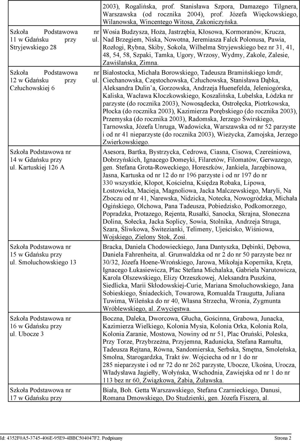 Wosia Budzysza, Hoża, Jastrzębia, Kłosowa, Kormoranów, Krucza, Nad Brzegiem, Niska, Nowotna, Jeremiasza Falck Polonusa, Pawia, Rozłogi, Rybna, Skiby, Sokola, Wilhelma Stryjewskiego bez nr 31, 41, 48,