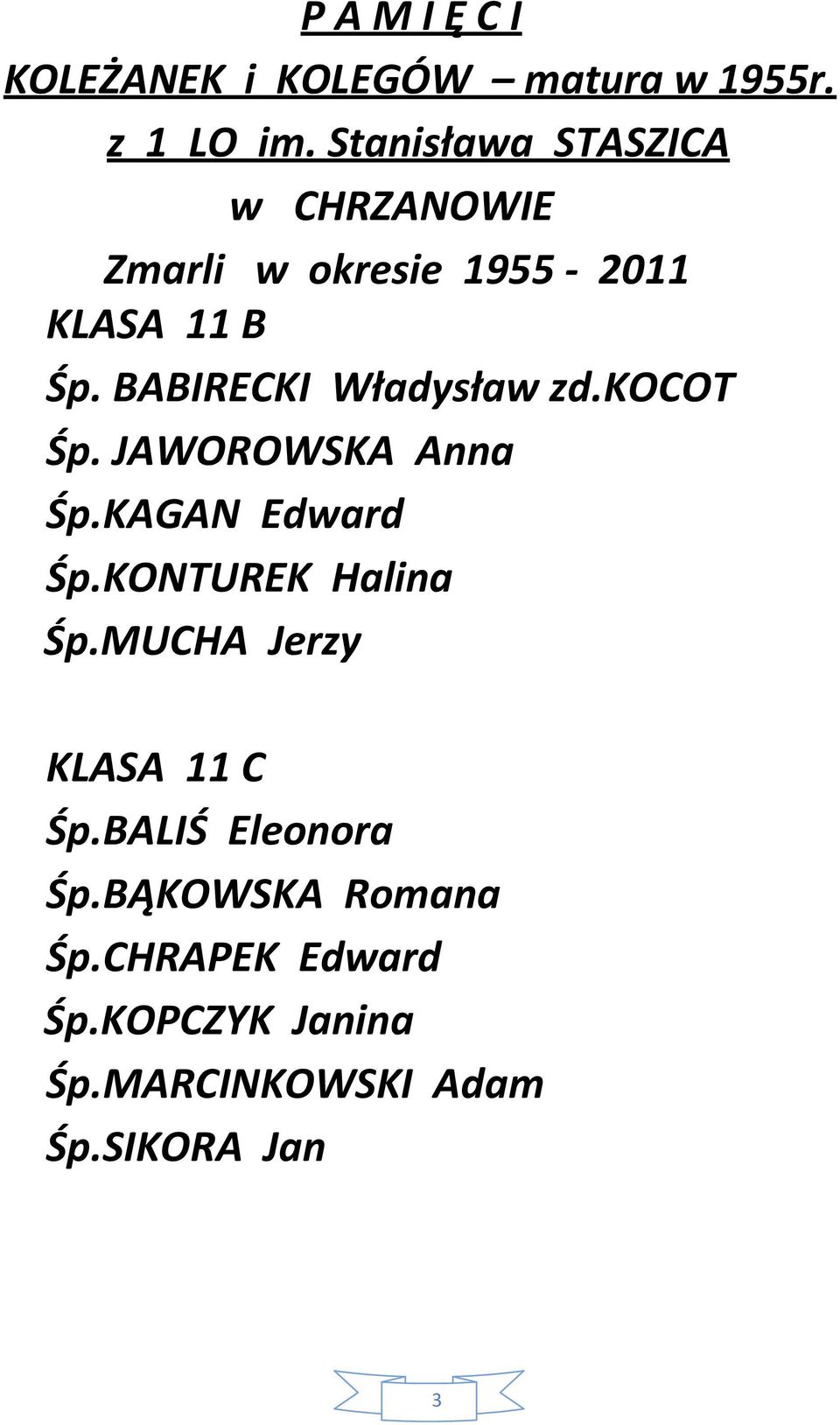 BABIRECKI Władysław zd.kocot Śp. JAWOROWSKA Anna Śp.KAGAN Edward Śp.KONTUREK Halina Śp.
