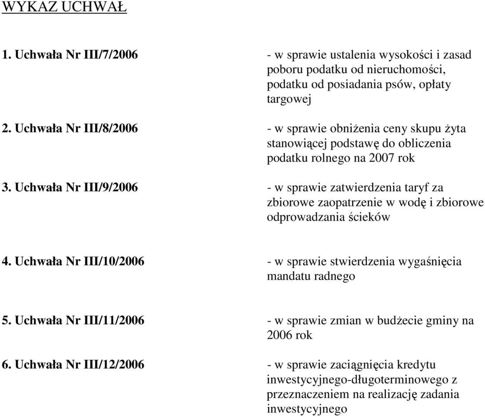 Uchwała Nr III/9/2006 - w sprawie zatwierdzenia taryf za zbiorowe zaopatrzenie w wodę i zbiorowe odprowadzania ścieków 4.