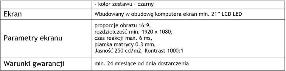 21 LCD LED proporcje obrazu 16:9, rozdzielczość min.