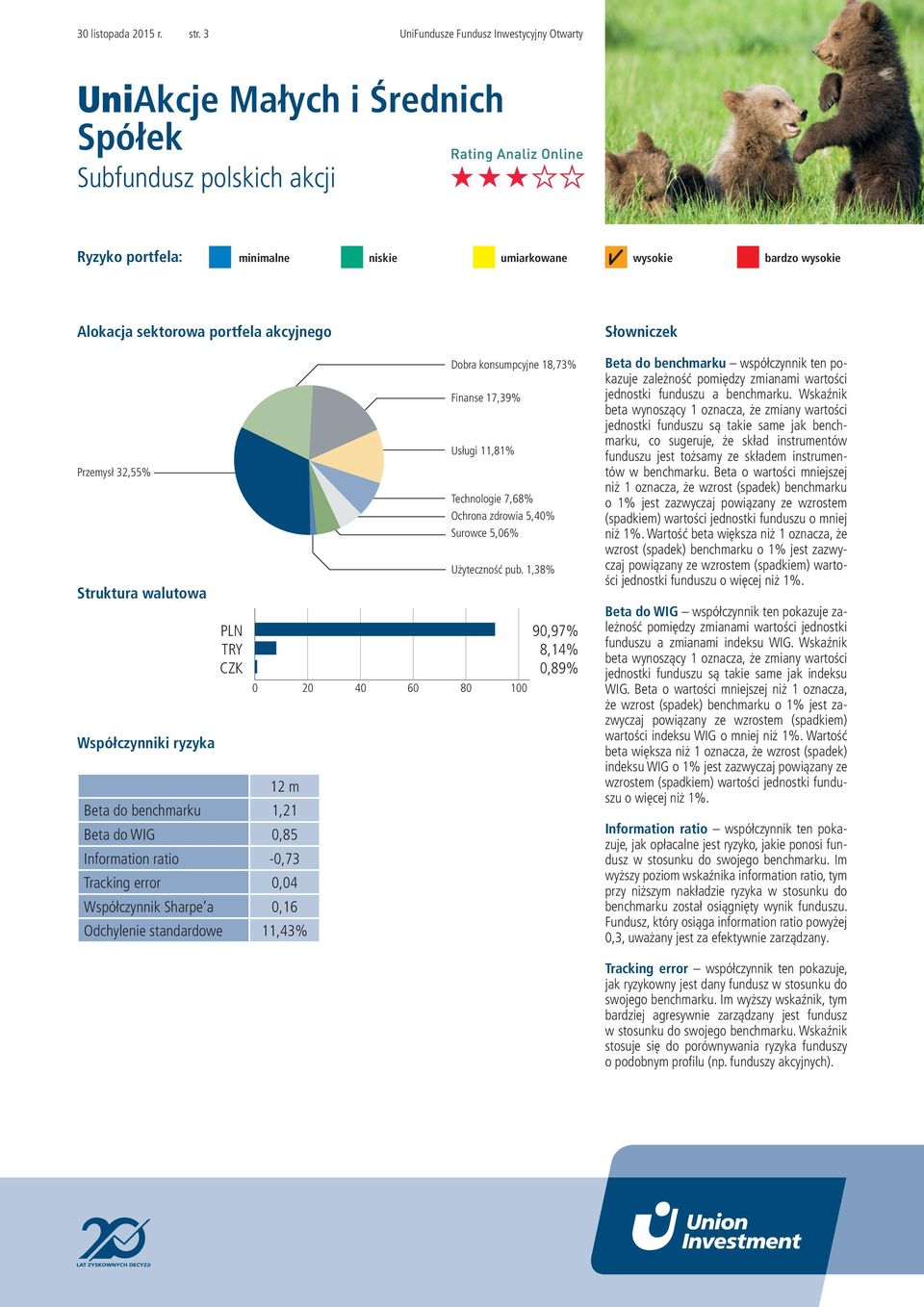 Information ratio -0,73 Tracking error 0,04 Współczynnik Sharpe a 0,16 Odchylenie standardowe 11,43% Dobra konsumpcyjne 18,73% Finanse 17,39% Usługi 11,81% Technologie 7,68% Ochrona zdrowia 5,40%