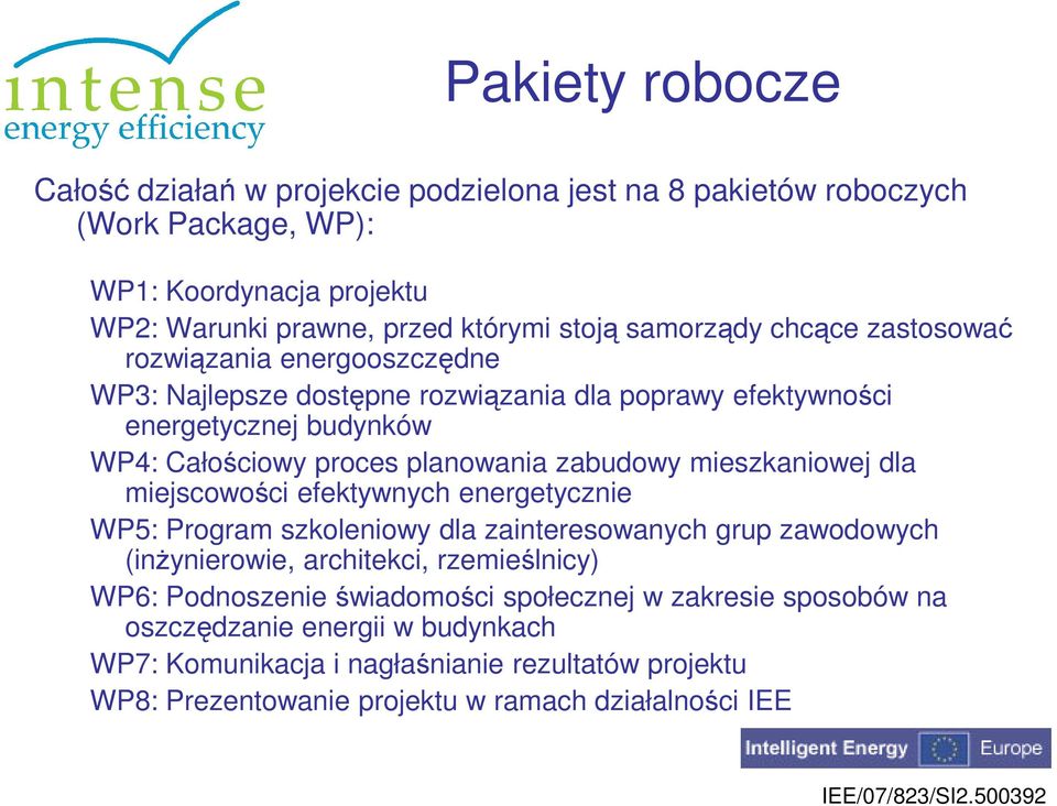 zabudowy mieszkaniowej dla miejscowości efektywnych energetycznie WP5: Program szkoleniowy dla zainteresowanych grup zawodowych (inżynierowie, architekci, rzemieślnicy) WP6: